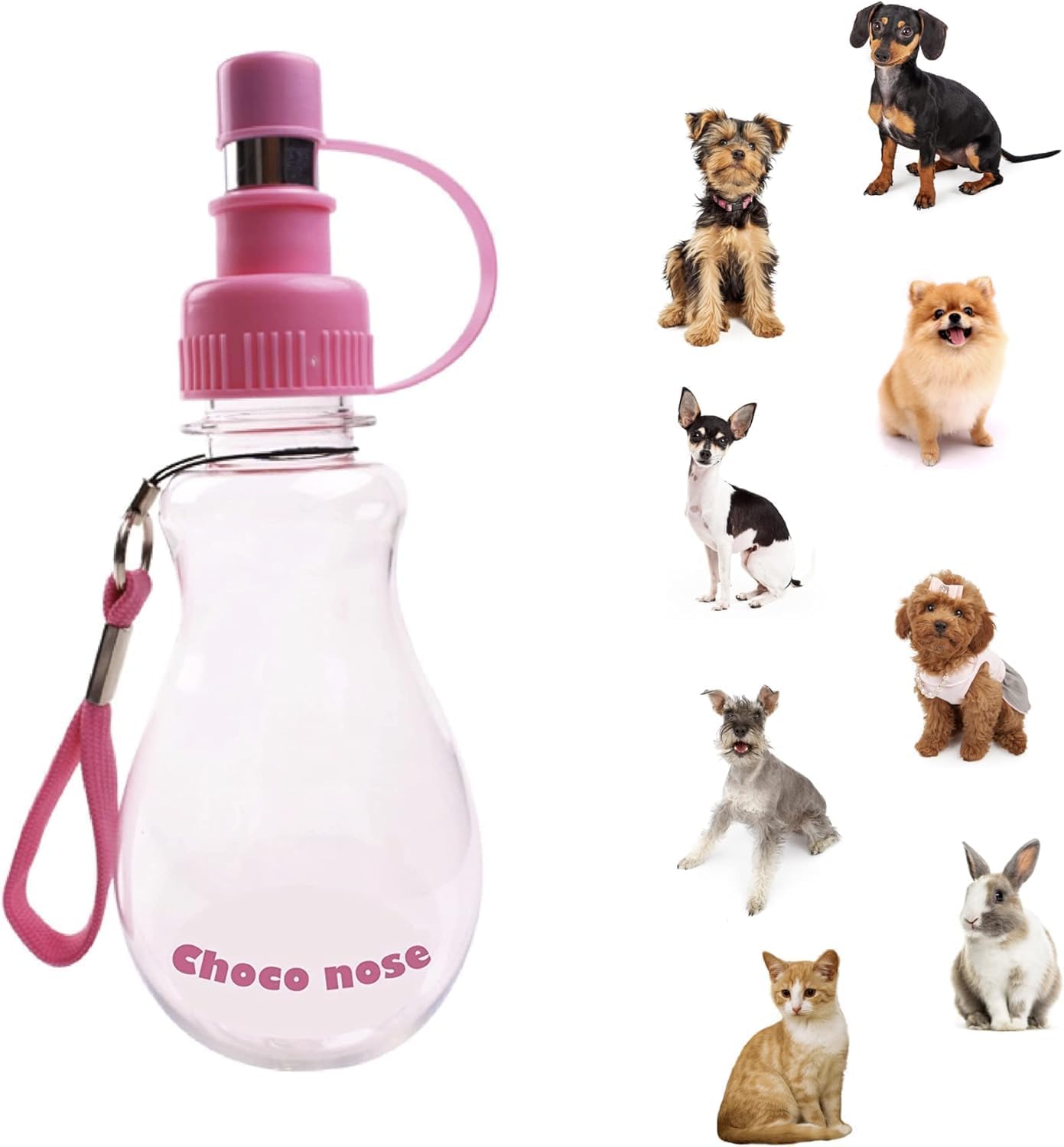 Choco Nose Patented Portable No-Drip Travel Water Bottle/Feeder for Dogs/Puppies/Cats/Rabbits and Other Small Sized Animals -8 oz. Leak-Proof Nozzle 16mm, Pink (H258)