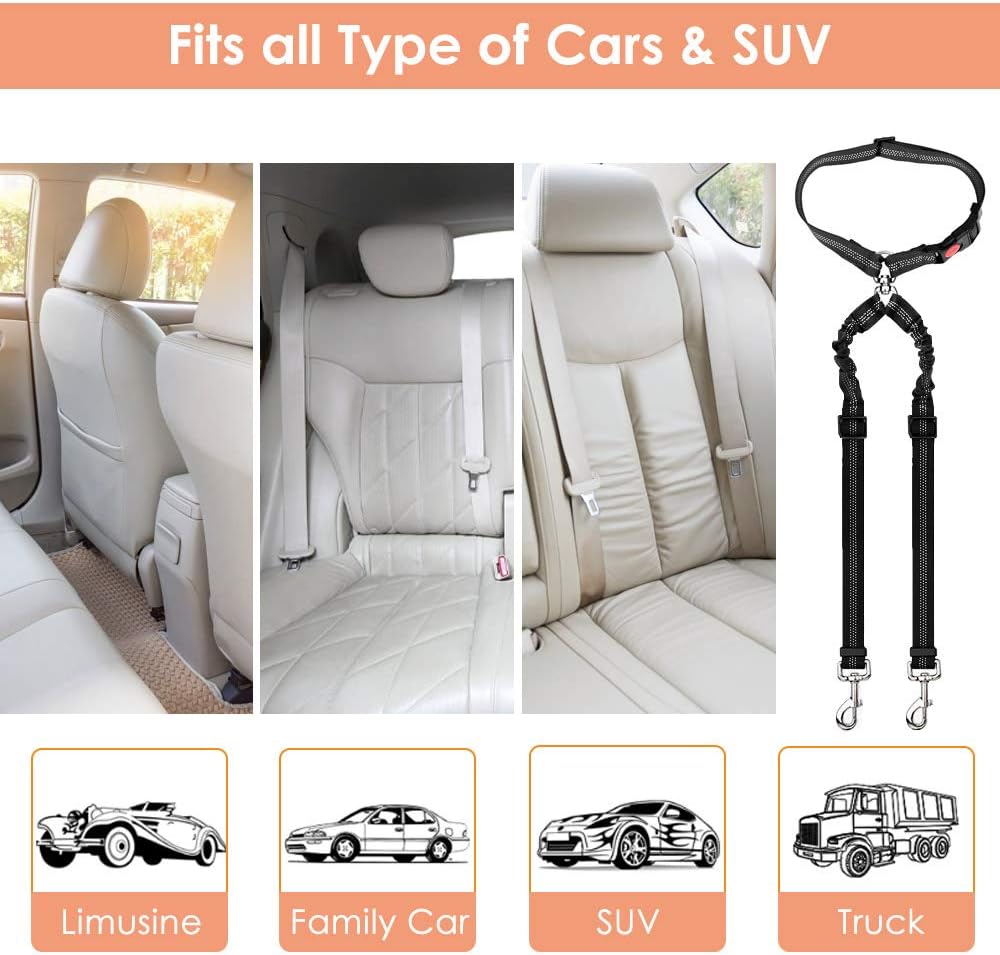 Double Dog Seat Belt, New Dual Pet Car Headrest Restraint Safety Seatbelt No Tangle Dog Leash Duty Adjust Elastic Bungee Puppy Lead Splitter Connect Harness in Vehicle Travel for 2 Dogs - Image 6