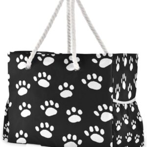 Women Large Beach Bag Dog Paws Black Travel Tote Bags for Gym Sport Shoulder Bag