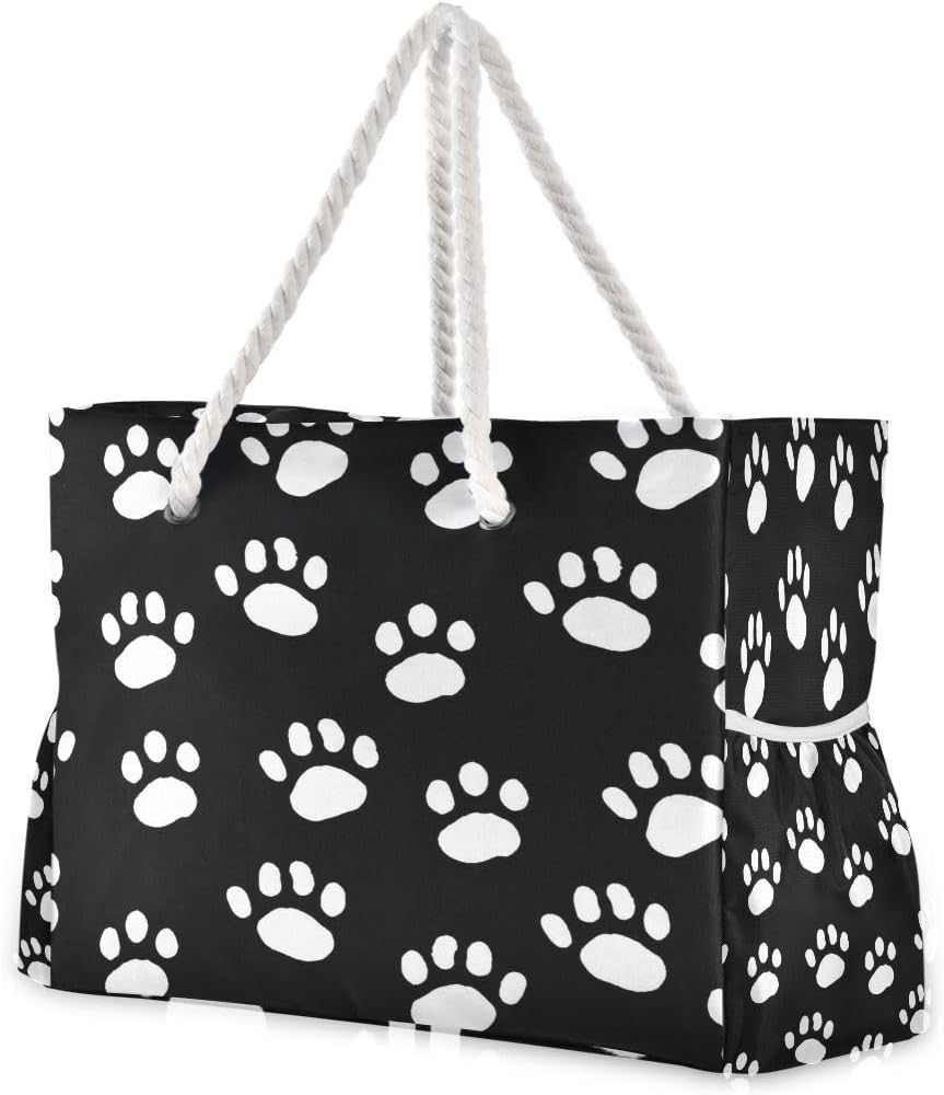 Women Large Beach Bag Dog Paws Black Travel Tote Bags for Gym Sport Shoulder Bag