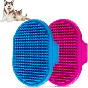 Dog Bath Brush, Aoche Pet Bath Comb Brush Soothing Massage Rubber Comb 2pcs with Adjustable Ring Handle for Long Short Haired Dogs and Cats (blue+rose)