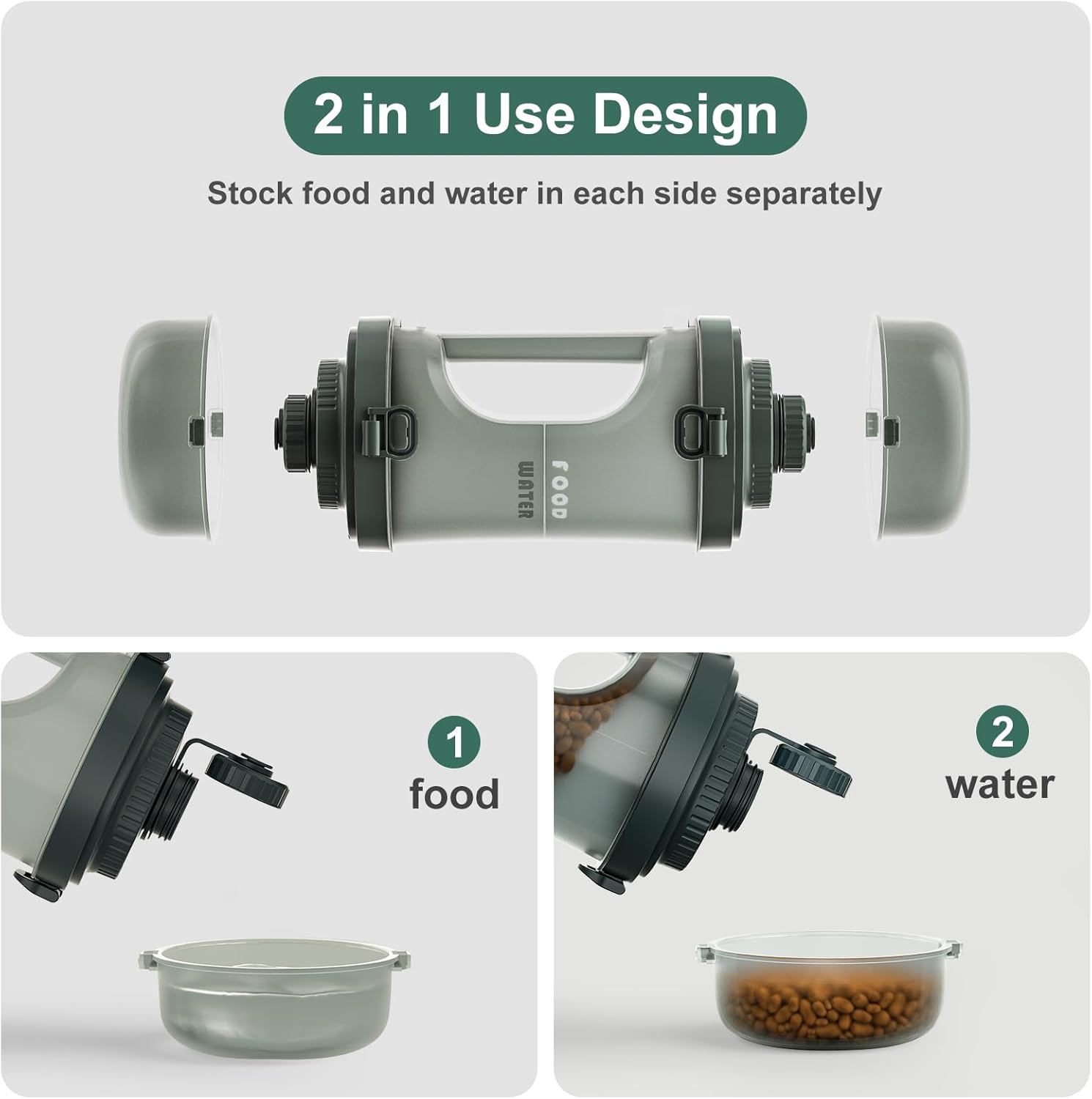 Gardner Pet Portable Dog Water Bottle&Food Container (49.6oz) – Leakproof Travel Water Bottle for Medium/Large Dogs (30+ lbs) Hiking, Camping, Beach – 2 Collapsible Bowls & Shoulder Strap (Grey) - Image 7