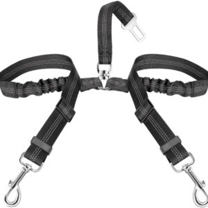 SlowTon Dog Seat Belt, Double Dog Seatbelt Adjustable Vehicle Safety Leash with Elastic Bungee Buffer, Reflective No Tangle Y Shape Two Dog Harness Seat Belt Splitter for Pets Car Trip (Black, S)