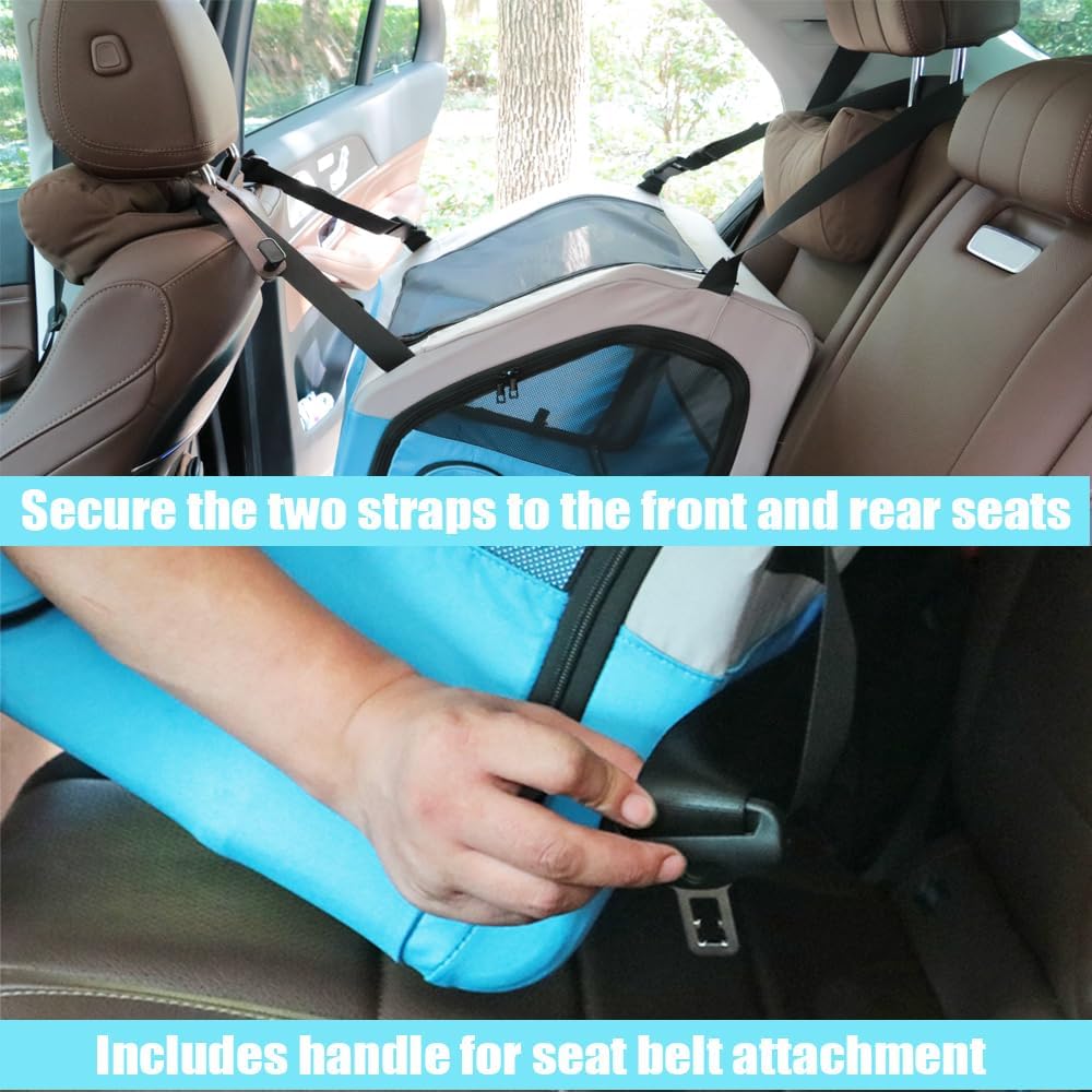 Small Portable Pet Crate for Car Travel, 19"x19"x17" Foldable Dog & Cat Carrier with Secures Seatbelt & Headrest Strap, Oxford Soft-Sided Pet Kennel with Removable Bed for Small Pets - Image 4