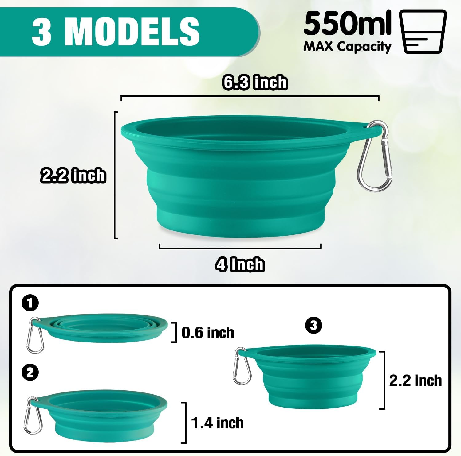 Rest-Eazzzy 2-Pack Silicone Collapsible Dog Bowls, BPA Free Dishwasher Safe, Portable Foldable Travel Bowl, Food Water Feeding Cup Dish for Dogs Cats with 2 Carabiners (Green, Pink, 550 ML) - Image 2