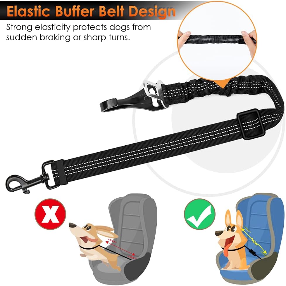 SlowTon Dog Seat Belt, Adjustable Dog Safety Belt Leash, 2 in 1 Latch Bar Attachment Dog Car Seatbelt with Elastic Nylon Bungee Buffer, Reflective Nylon Belt Tether Connect to Dog Harness (Black) - Image 6