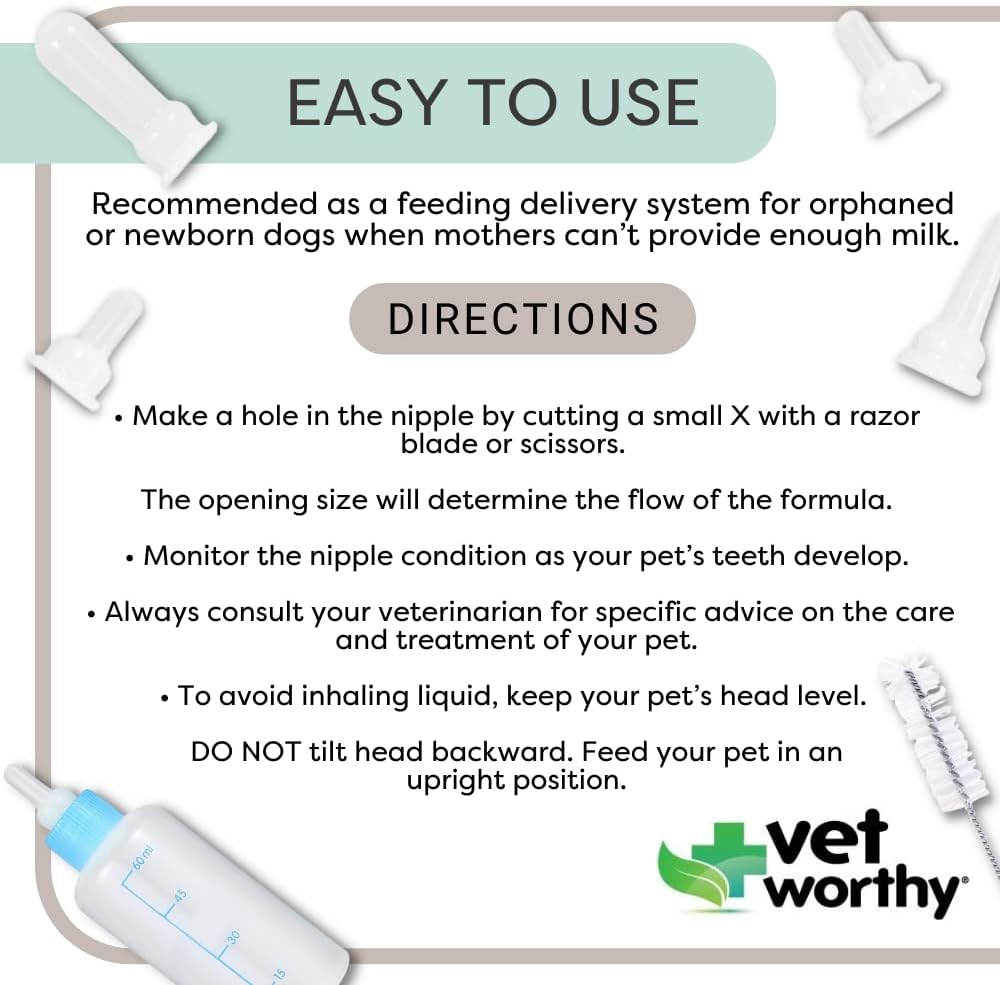 Vet Worthy 7-Piece Canine Nursing Kit - Dog Nursing Set for Orphaned and Newborn Puppies - Pet Feeding Support Kit with Feeding Bottle, Milk Bottle Brush, and 5 Nipples - Image 5