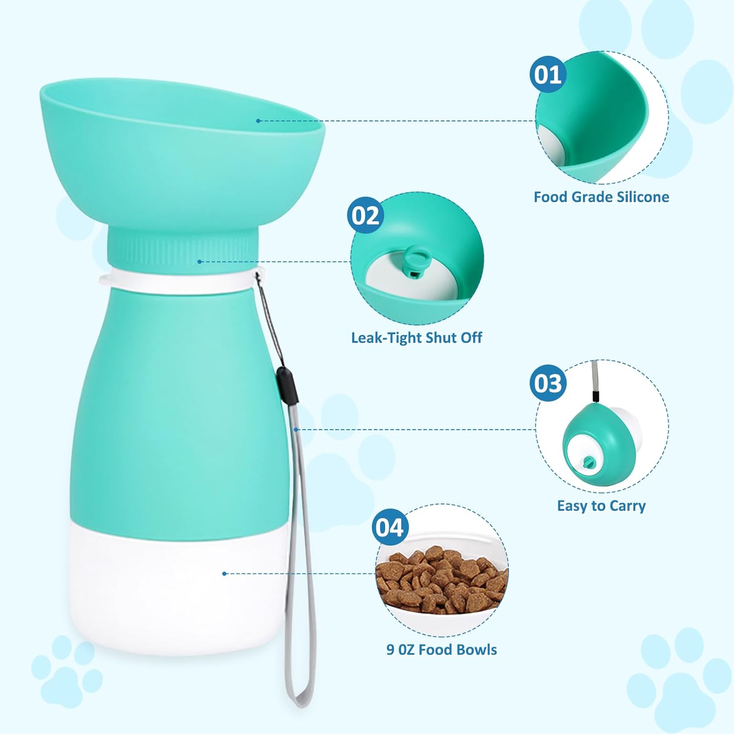 Esoes Portable Dog Water Bottle,3 in 1 Collapsible Silicone Leakproof Cat Dogs Water Bottle Bowl 20oz Pet Travel Squeeze Bottles with 9oz Food Container Detachable Folding Bowl for Outdoor Walks Hikes - Image 3