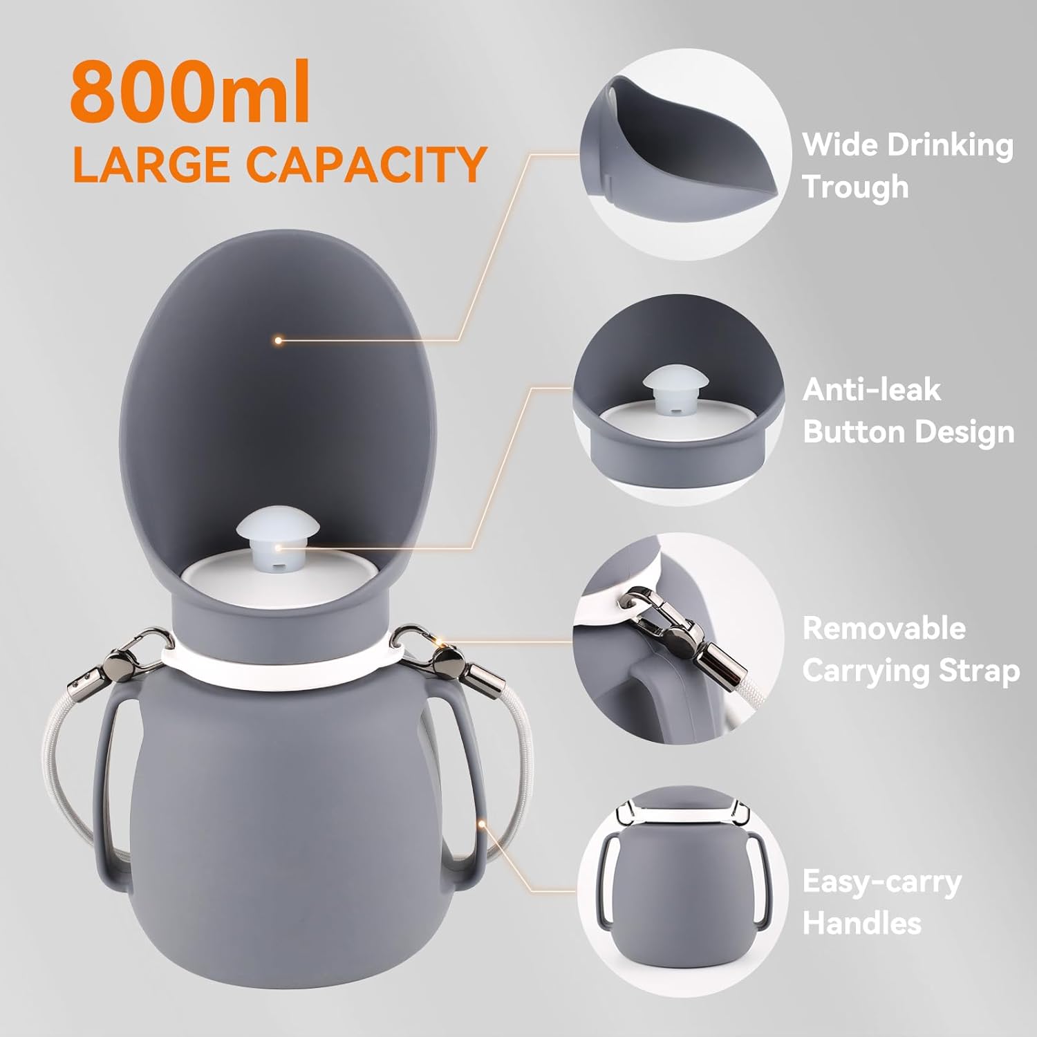 PETLESO Dog Water Bottle, Portable Dog Water Dispenser, 27 OZ Leakproof Pet Bottle Kettle for Doggy Cats Outdoor Walking/Hiking/Travel Driking, Grey - Image 5