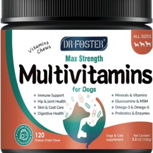 Dog Multivitamin with Glucosamine, Omega 3, Minerals, Probiotics and Enzymes, Dog Vitamins and Supplements for Joint, Skin & Coat Care, Digestive and Immune Health, Chicken Flavor - 120 Chews