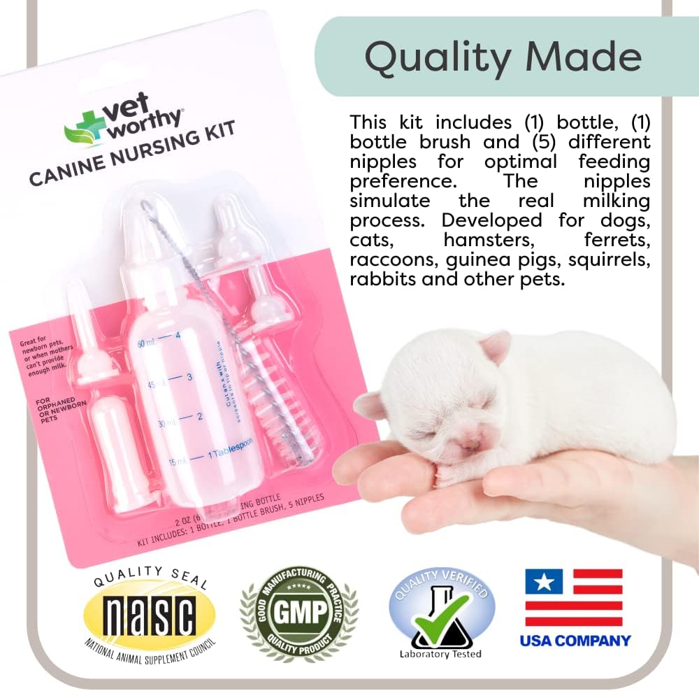 Vet Worthy 7-Piece Canine Nursing Kit - Dog Nursing Set for Orphaned and Newborn Puppies - Pet Feeding Support Kit with Feeding Bottle, Milk Bottle Brush, and 5 Nipples - Image 6