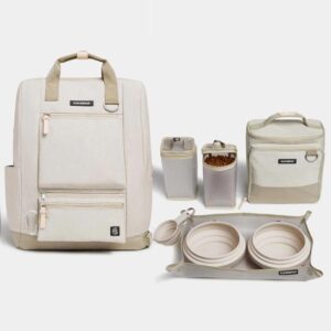 Ultimate Dog Travel Bundle Large 7-piece Bistro Box Dog Travel Kit & Porter Dog Gear Backpack in Sand