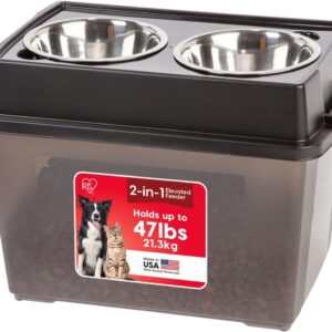 IRIS USA Elevated Dog Bowls, 15"H Raised Bowl for Large Dogs, Airtight Pet Food Storage Holds Up To 47 Lbs, 2 Removable 64 oz Stainless Steel Bowls, At Home or Camping, Smoke/Black