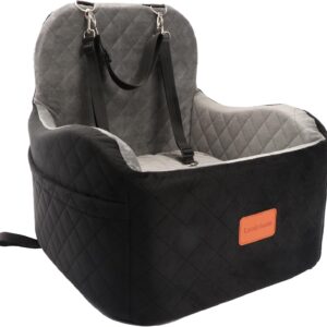 Dog Booster Car Seat for Small/Medium Dogs,6in Memory Foam Elevated Cushion,Fully Detachable and Washable,2 Clip-On Safety Leashes,Anti-Slip Base(Black/Grey,Medium)