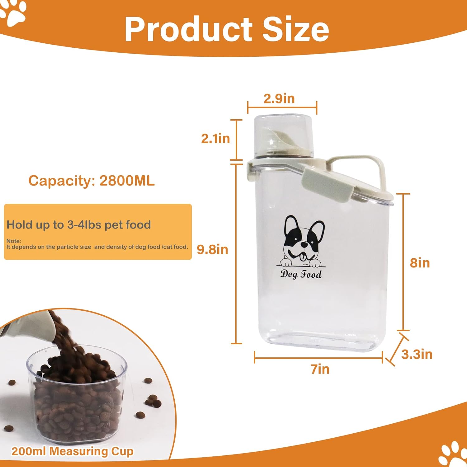 Dog Food Storage Container Airtight |3 Qt/2.8 L Clear Plastic Dog Puppy Food Treats Container with Measuring Cup|Hold up to 3.8 lbs of Pet Food|Portable Food Containers for Travel| BPA Free - Image 2