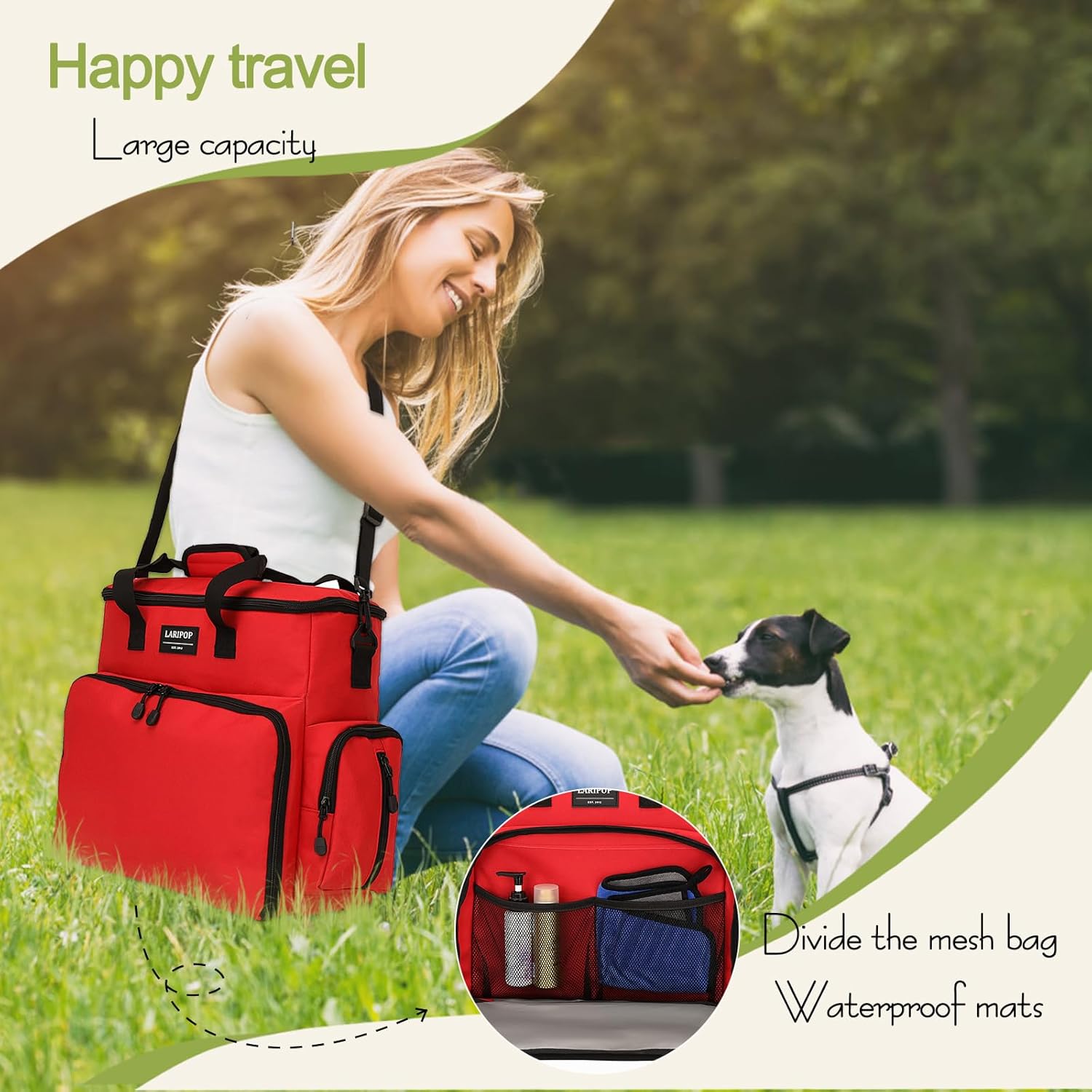 Dog Travel Bag,Weekend Pet Travel bag Set for Dog and Cat,Airline Approved Tote Multi-Function Bags for Traveling,Include 2 Collapsible Bowls,2 Food Storage Containers,1 Feeding Mat,Red - Image 6