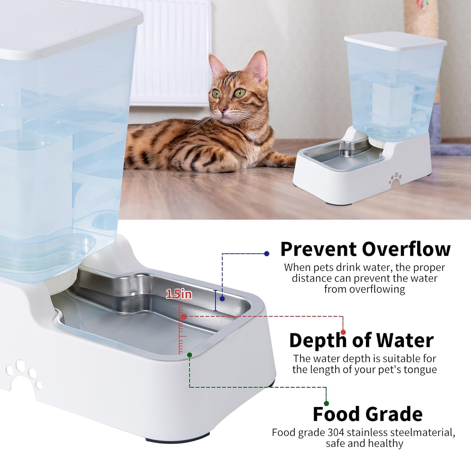 Meikuler Automatic Dog Cat Water Dispenser Large Capacity 5Lfor Cats and Medium and Large-Sized Dogs with Stainless Steel Bowl (White, 5L) - Image 4