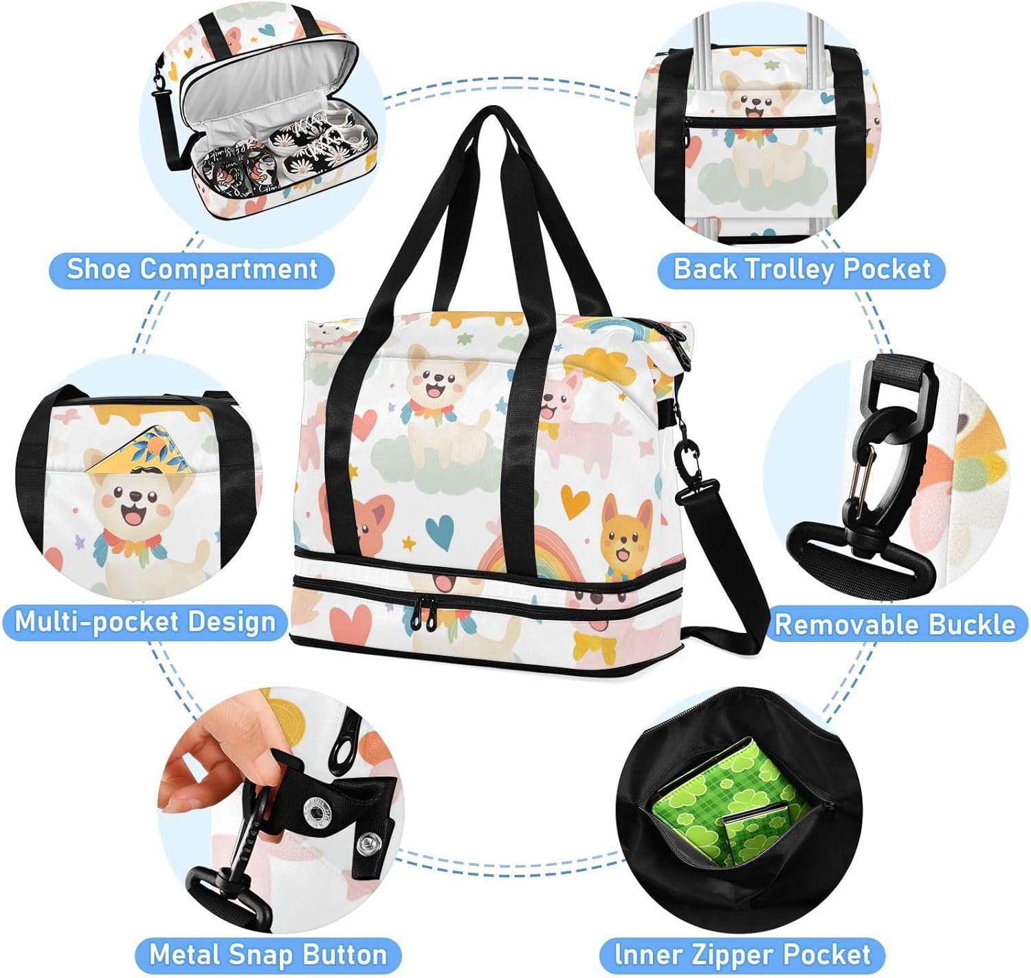 Cartoon Cute Colorful Dog Rainbow Sports Tote Gym Bag Travel Weekender Gear Bag with Adjustable Strap for Yoga Waterproof - Image 5