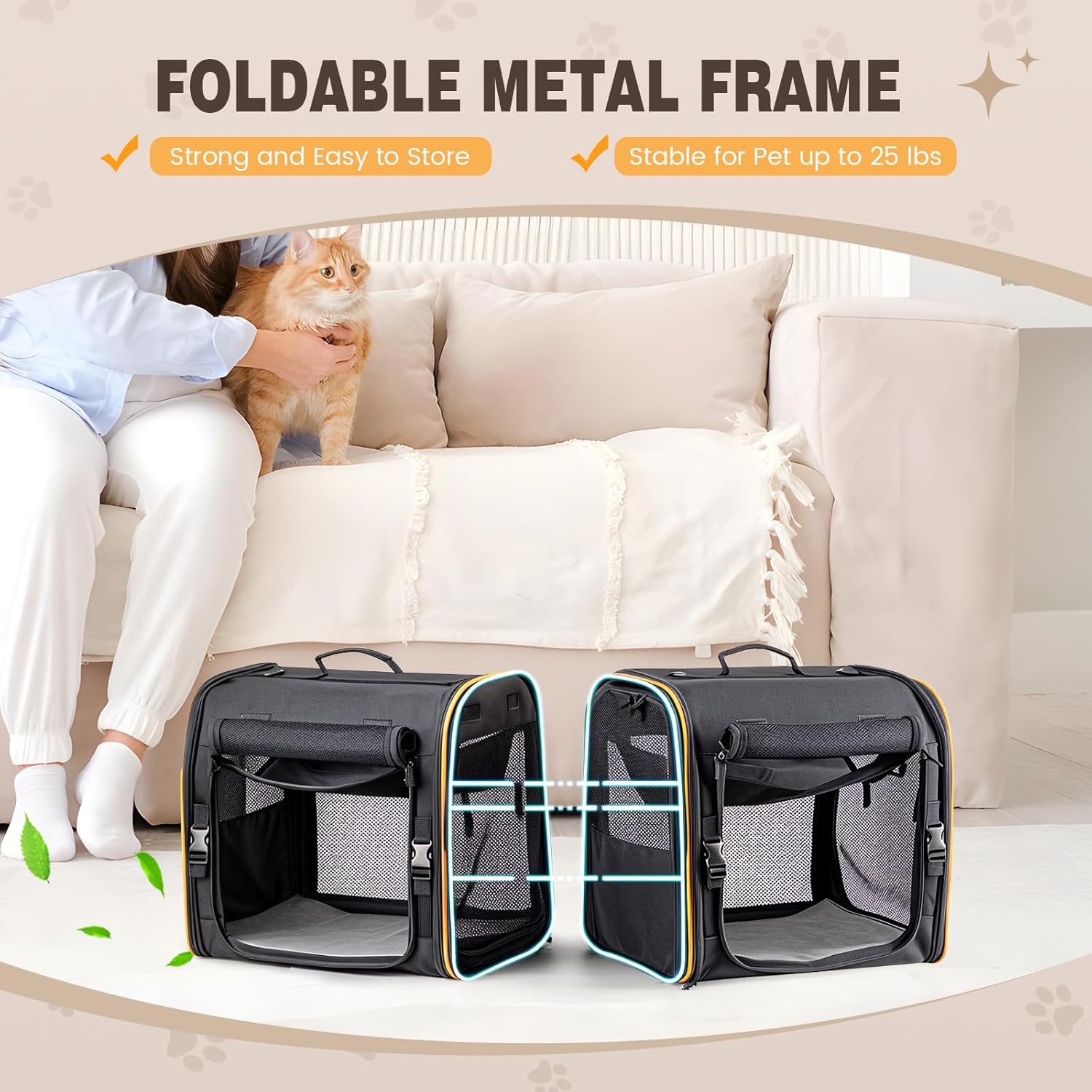 2-in-1 Cat, Dog Carrier for Pets up to 30 Lbs, Double Pet Carrier Car Travel Portable Twin Compartment Pet Kennel Dog Crate Set with Litter Box, Bowl for Outdoor Camping - Image 7