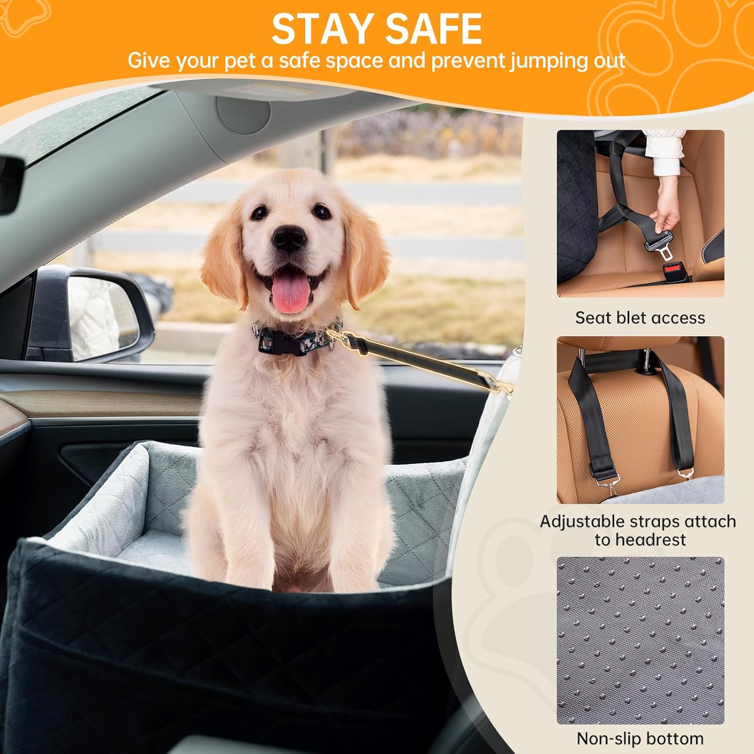 Dog Car Seats for Small/Medium Dogs, FurFrolic Memory Foam Dog Booster Seat for Small Dogs up to 35 lbs, Travel Pet Car Seat with Washable Detachable Cover, Storage Pockets, 2 Safety Belts, Black Gray - Image 3