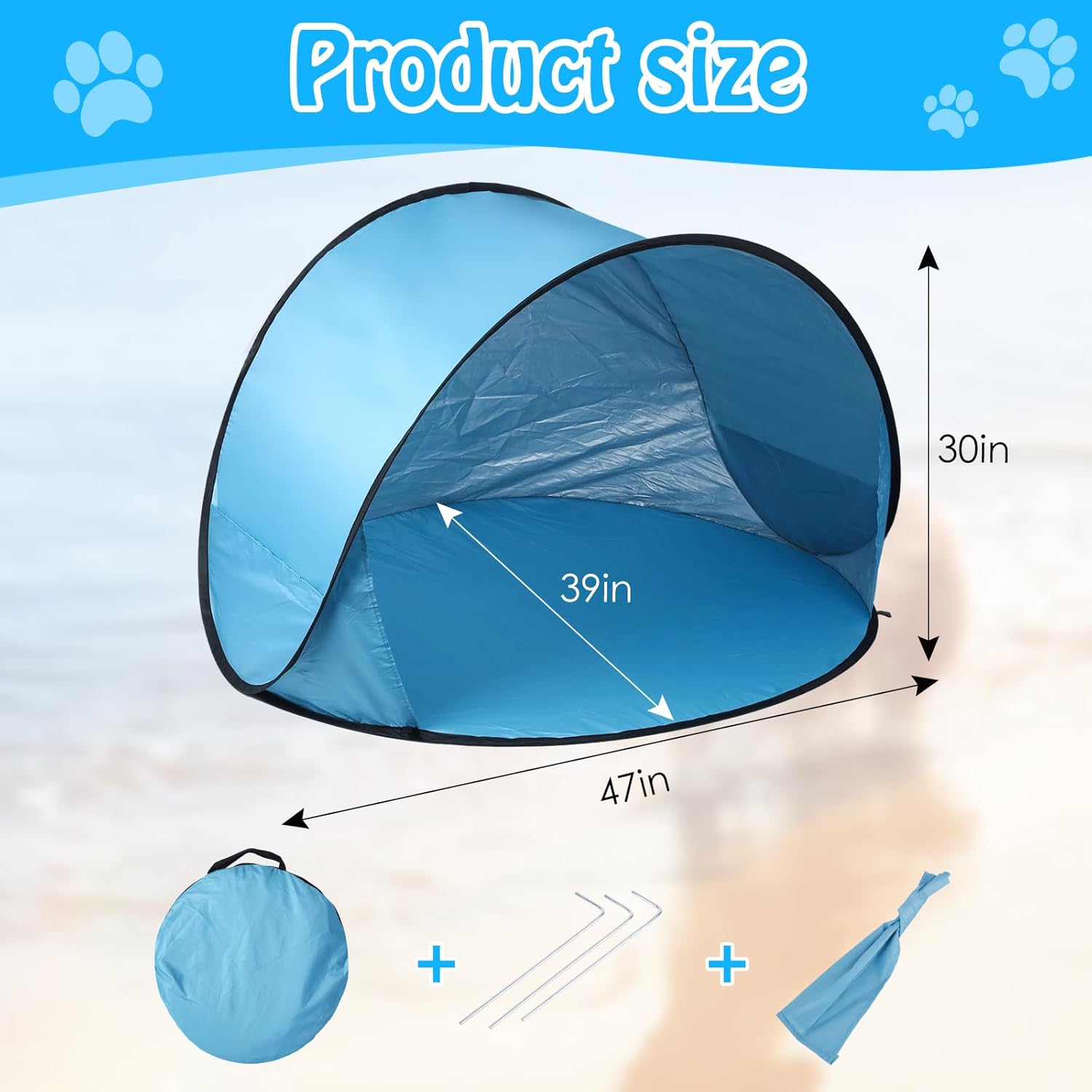 Extra Large Dog Beach Tent - 47" Lx39 Wx30 H,Portable Outdoor Pop Up Pet Tent for Camping with Dogs Cats,Waterproof Dog Sun Shade Shelter for Medium-Sized to Bigger Pets - Image 2