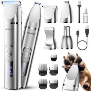 oneisall 4 in 1 Dog Grooming Kit with LCD Display, Dog Hair Trimmer for Paw Nail Grinder, Rechargeable Cordless Low Noise IPX7 Waterproof Pet Clippers
