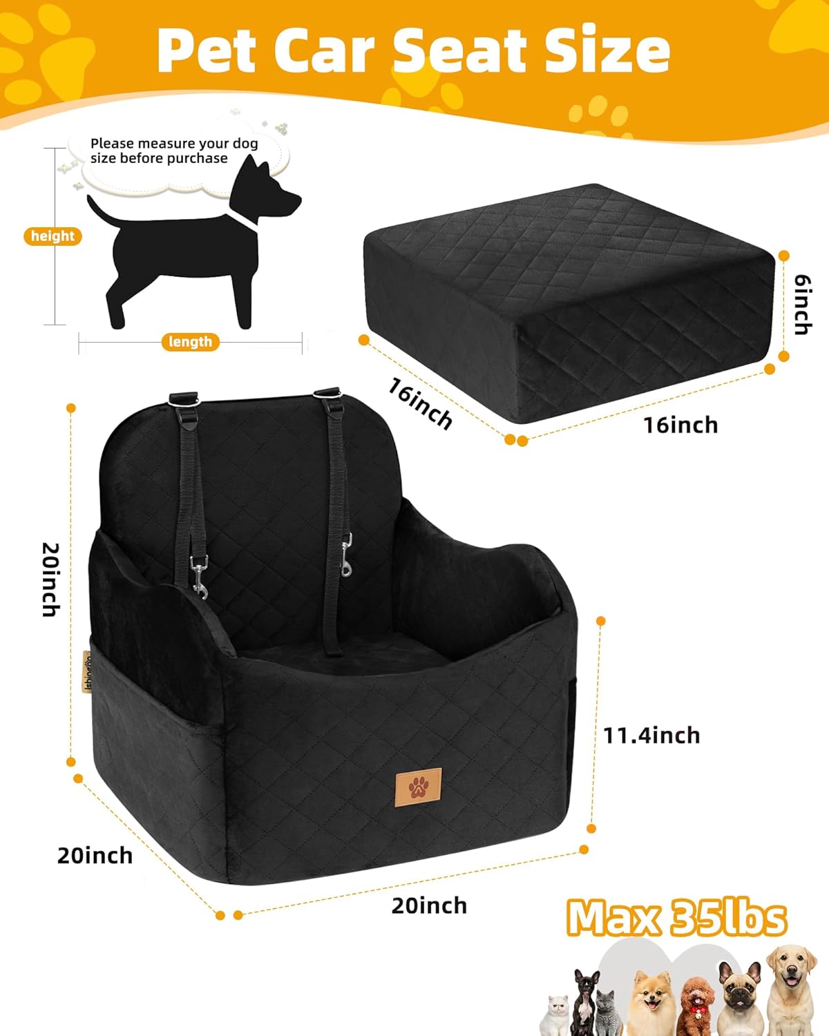 Car Seat Booster for Dog: High-Support Memory Foam Pet Car Seat for Small/Medium Dogs Under 35lbs with Elevated Cushion - Detachable Washable Puppy Travel Bed for Driving with Pockets (Black) - Image 2
