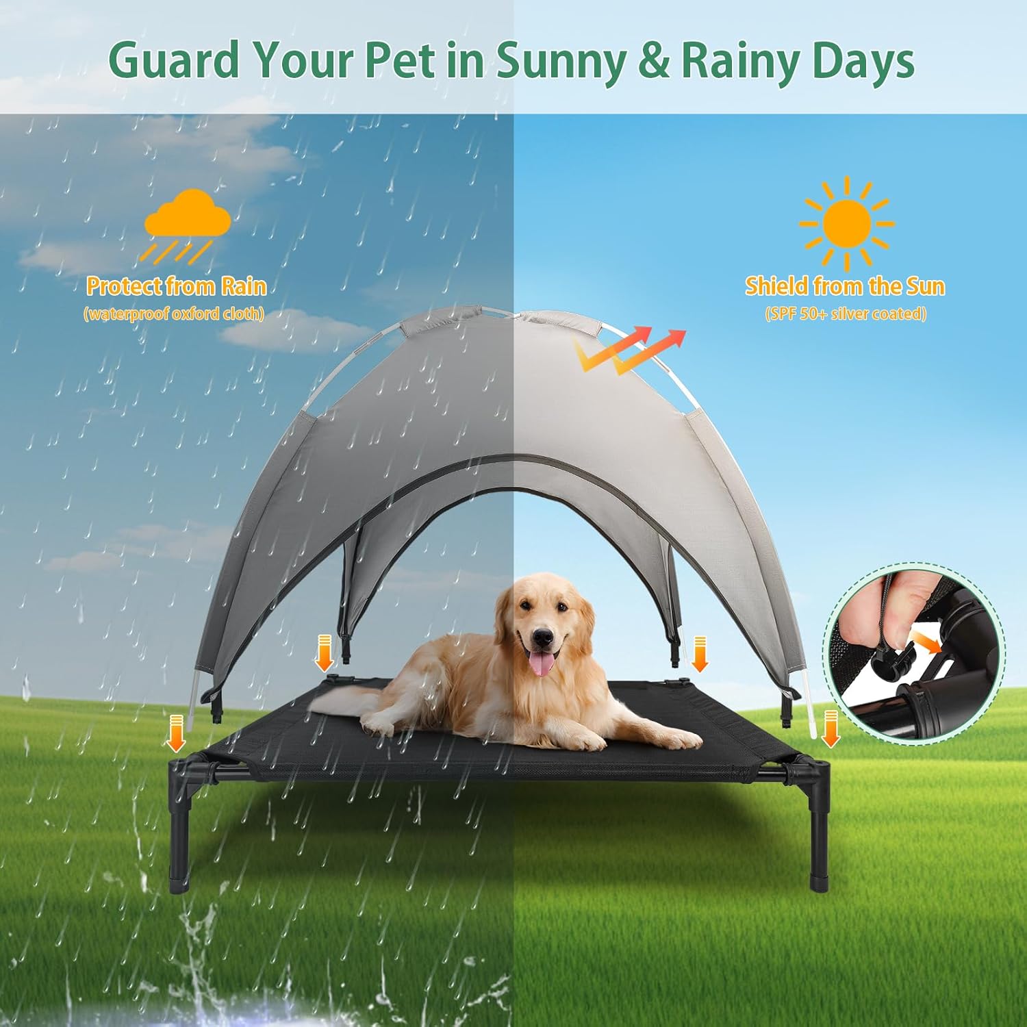 Elevated Outdoor Dog Bed with Canopy, Raised Dog Cot with Shade, Waterproof Dog Tent for Medium Small Dogs Portable Cooling Pet Bed with Breathable Mesh for Camping Beach, L - Image 3