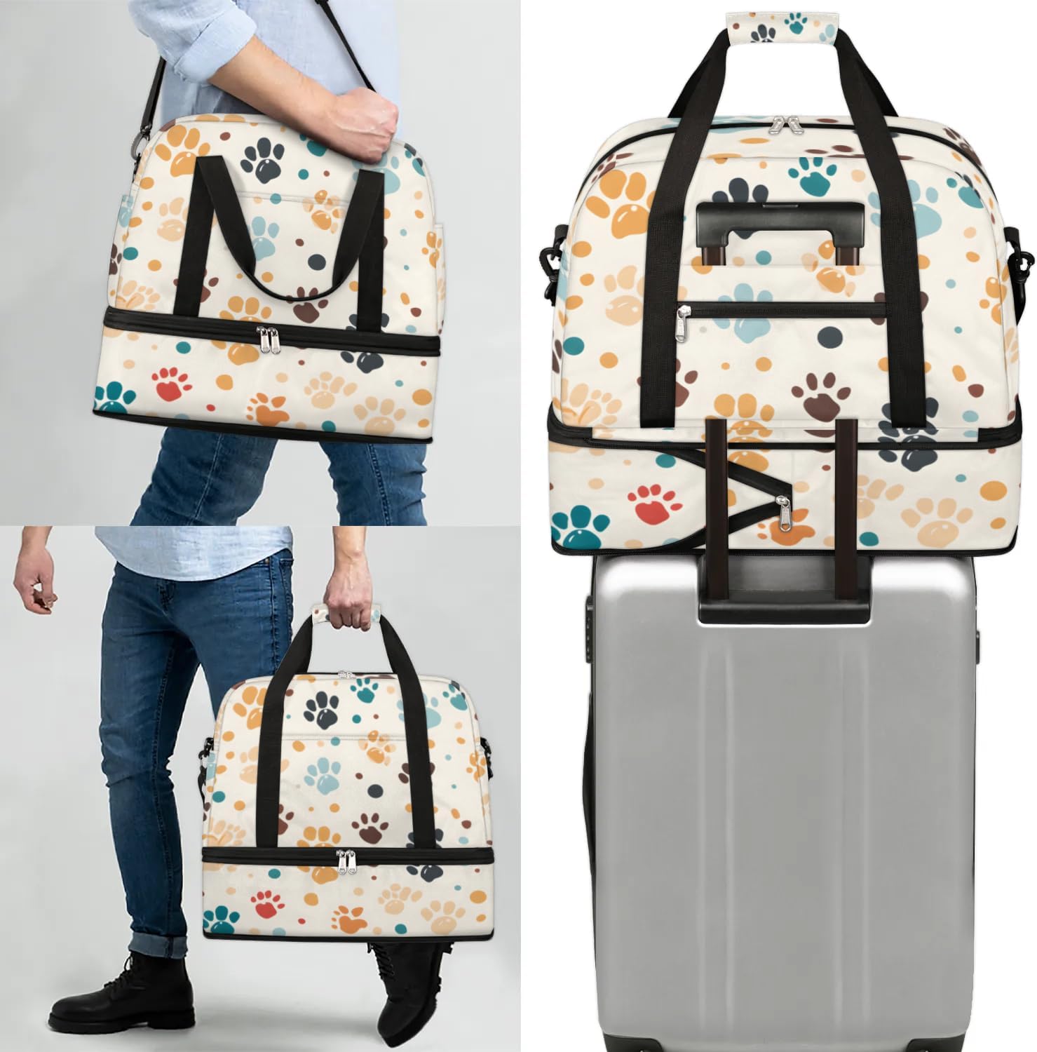 Foldable Travel Duffel Bag, Expandable Weekender Overnight Carry on Bags with Shoe Compartment Sport Tote Gym Luggage for Women Men, Dog Paws - Image 7