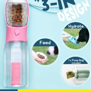 Portable Water Bottle for Dogs, 3 in 1 Pet Travel Bowl Dispenser with Food Treat Container & Poop Bag Holder, Summer Outdoor Walking Hiking Accessories for Large Dog On The Go – Pink, 20oz