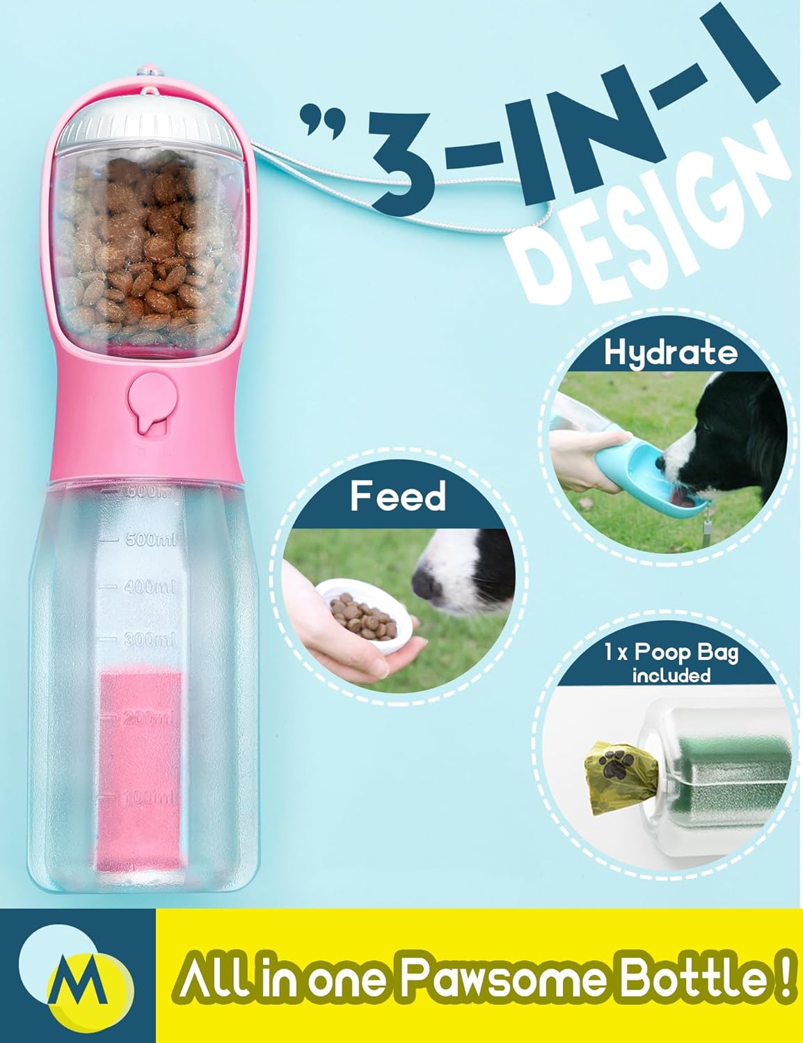 Portable Water Bottle for Dogs, 3 in 1 Pet Travel Bowl Dispenser with Food Treat Container & Poop Bag Holder, Summer Outdoor Walking Hiking Accessories for Large Dog On The Go - Pink, 20oz - Image 2