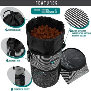 PetAmi Dog Food Travel Bag | Kibble Carrier for Dogs with Collapsible Dog Water Bowls Kit | Pet Food Travel Container Storage for Camping, Hiking Gear Accessories (Stripe Black, Grey)