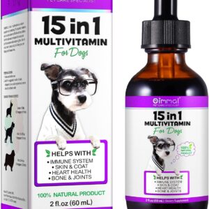 Dog Multivitamin, 15 in 1 Dog Multivitamin Liquid Drops Supplements for Skin & Coat, Heart Health, Bones and Joint, Dogs Vitamins with Glucosamine and MSM, Immune System Support -60ml