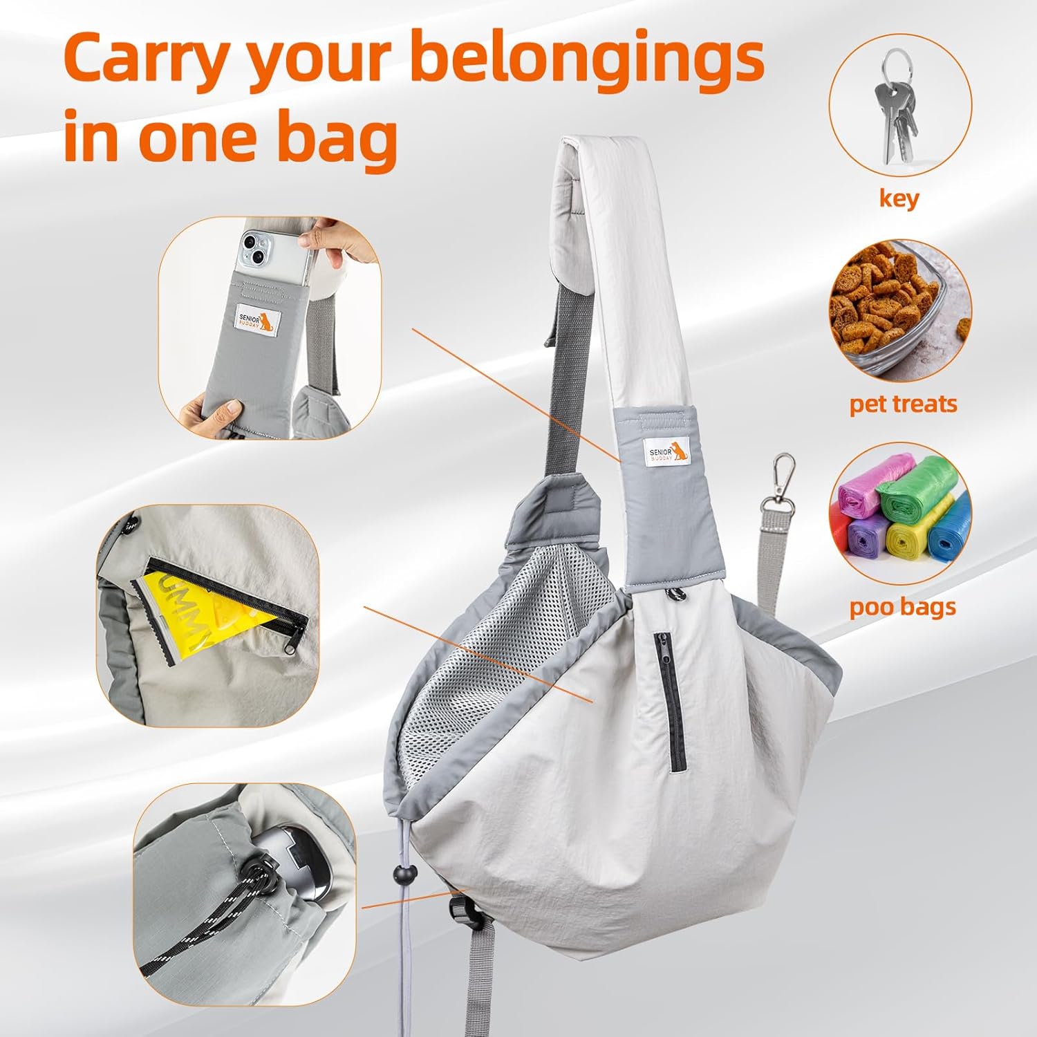 Dog Carrier Sling,Dog Carriers for Small Dogs & Cats Up to 20lbs,Puppy Carrying Backpack Pet Purse with Pockets,Adjustable Shoulder Strap,Hands Free for Travel (Grey) - Image 3