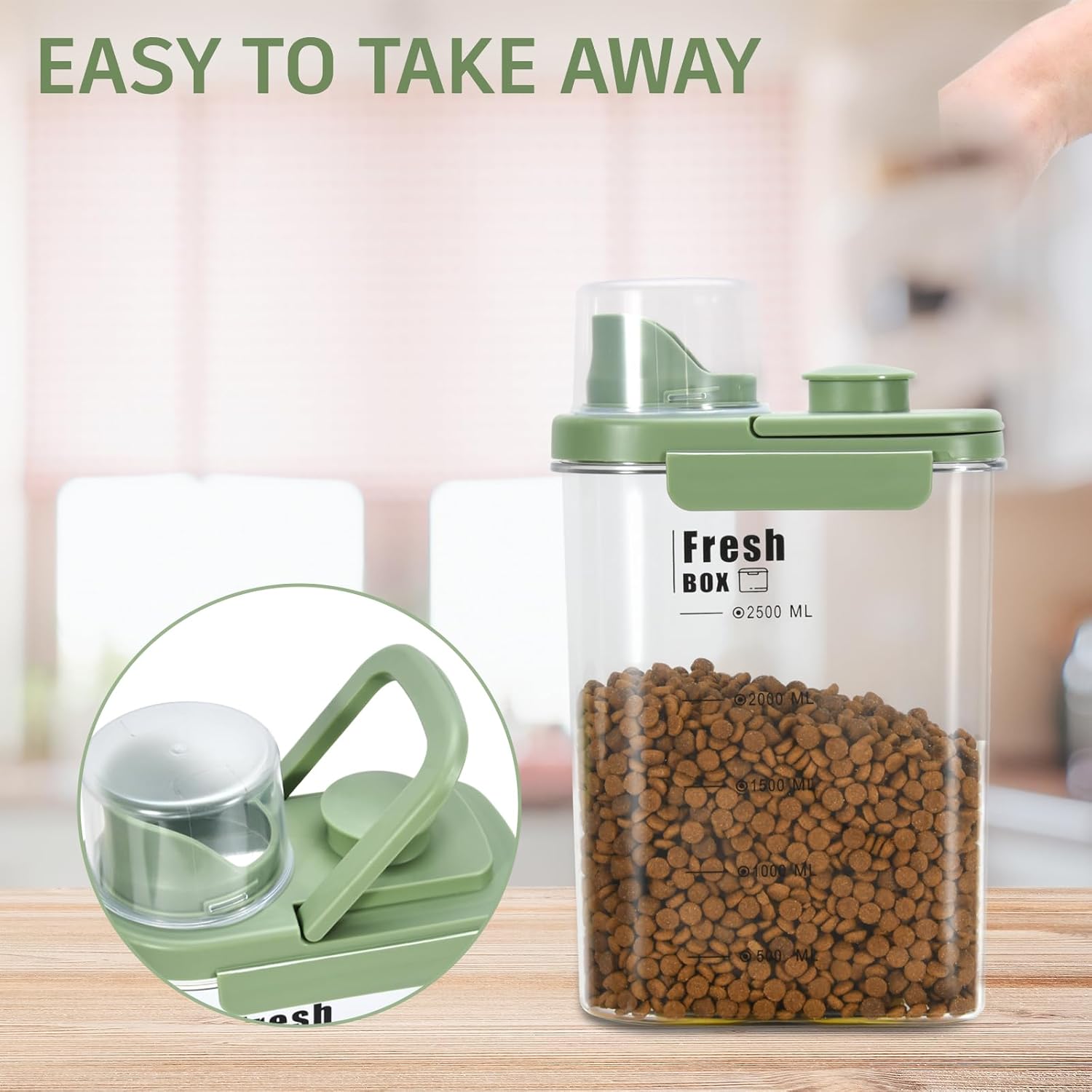 Dog Food Storage Container 2-5 lbs, Airtight Cat Food Container with Large Spout and Measuring Cup, Portable Travel Pet Food Holder Bin, HIidden Hand Food Dispenser for Pets(Light Green) - Image 7
