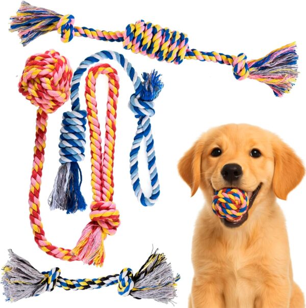 Pets&Goods Dog Chew Toys – 5-Pack Cotton Rope Tug & Teething Toy – Small/Medium Dog Chew Toy for Puppies & Adult Dogs – Interactive Tug of War Rope, Dental Cleaning, Boredom Buster – Multicolor