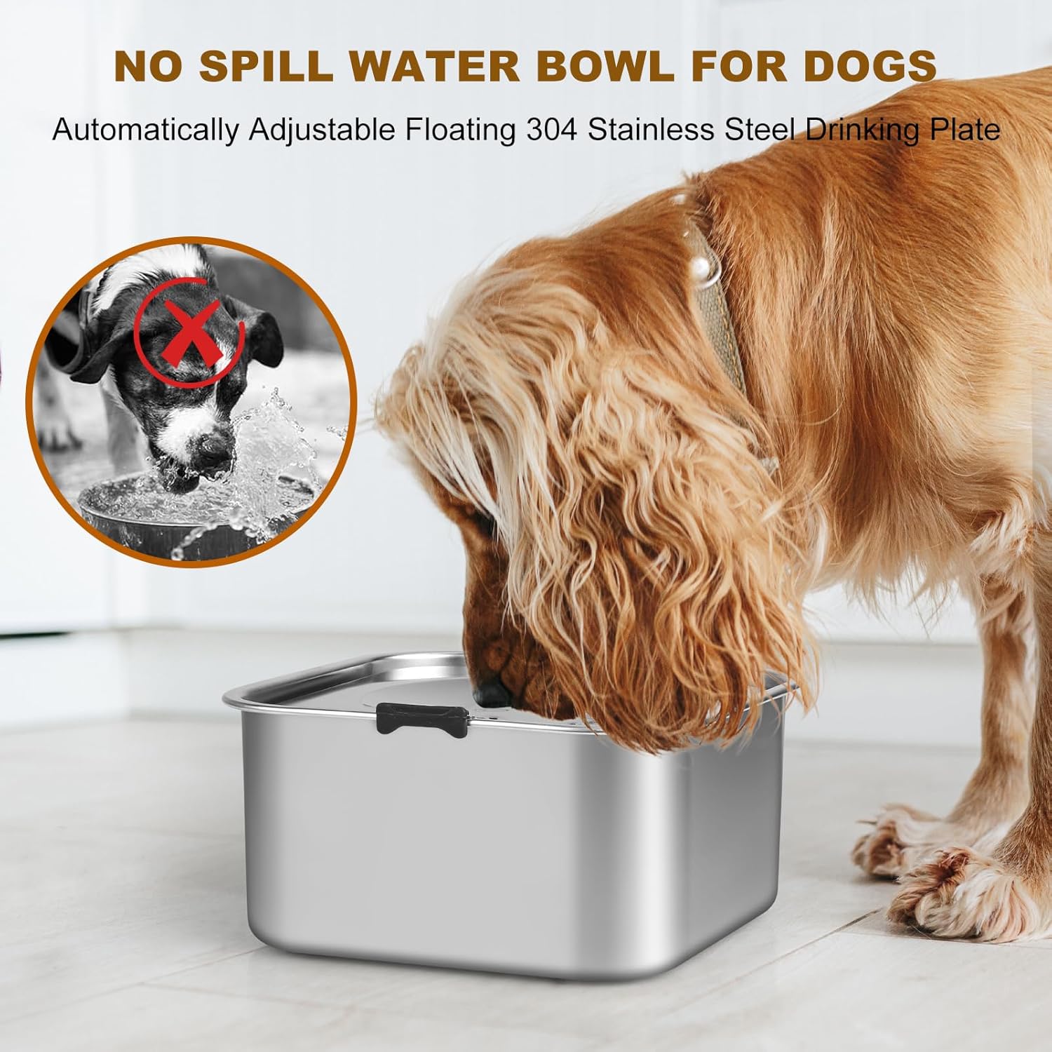 3L/101oz No Spill Dog Water Bowl, Slow Drinking Travel Dog Bowl Spill Proof, Stainless Steel Slobber Stopper for Messy Drinkers, Small Medium & Large Breeds, Square - Image 3