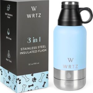 Stainless Steel Insulated Water Bottle with 2 Removable Water Bowls for Dogs – Leak-Proof Portable Dog Water Bottle - Travel Accessories for Dogs - 32oz - Blue