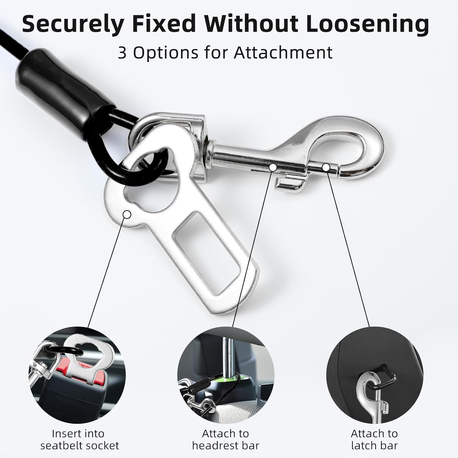 Dog Seat Belt for Car, 32" Chew-Proof Coated Wire Dog Car Leash Seat Belt, Dog Leash with Buckles and Latch, Safety Harness for Small, Medium, Large Dog or Cat, Travel, Black, 1 Pack - Image 3