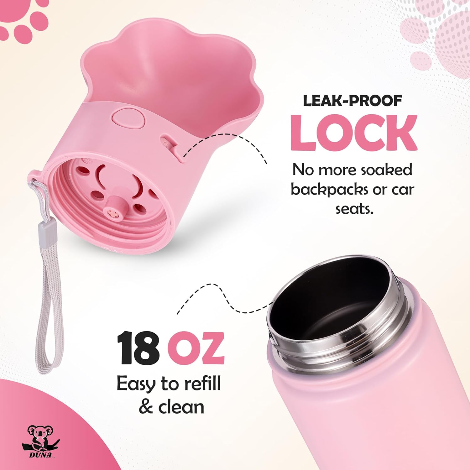 Gulp by Duna 18oz Insulated Stainless Steel | Travel Dog Water Bottle with Paw-Shaped Bowl, Leakproof | Portable with Carry Strap for Outdoor Walking, Hiking & Pet Hydration On-The-Go | Pink - Image 3