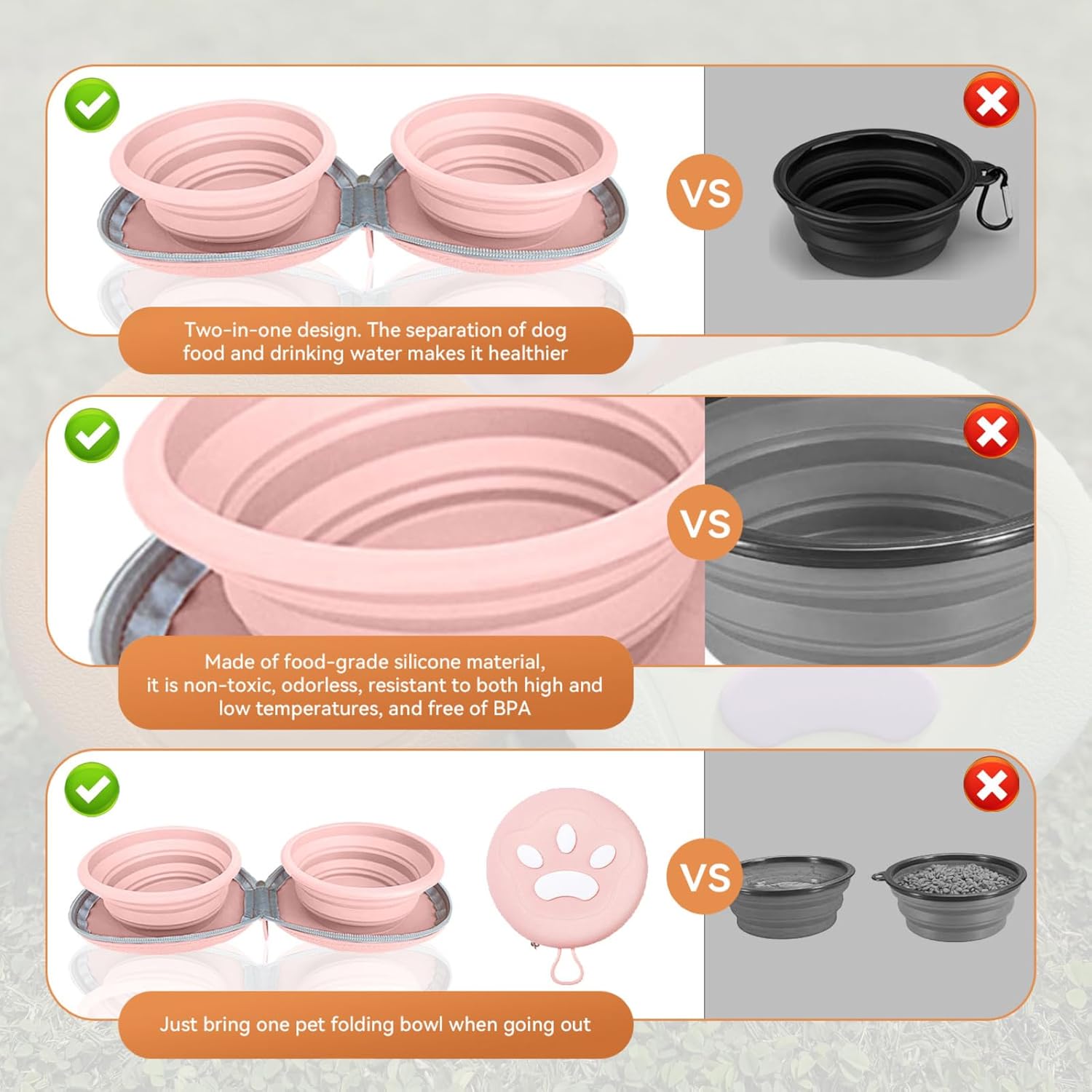 Collapsible 2-in-1 Dog Bowls: Leakproof Double Silicone Food & Water Bowl for Travel, Camping, Hiking - Portable Cat & Dog Feeding Supplies (Pink) - Image 3