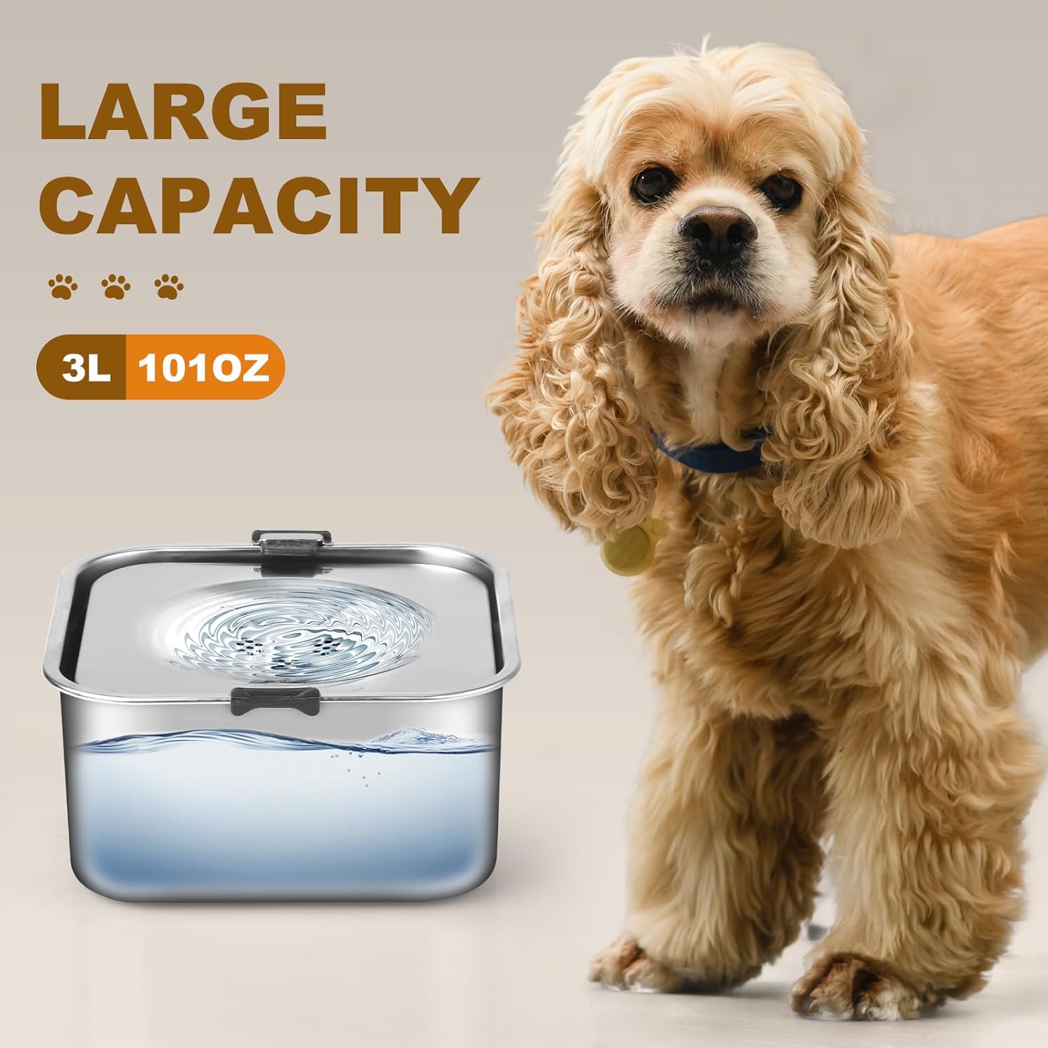 3L/101oz No Spill Dog Water Bowl, Slow Drinking Travel Dog Bowl Spill Proof, Stainless Steel Slobber Stopper for Messy Drinkers, Small Medium & Large Breeds, Square - Image 4