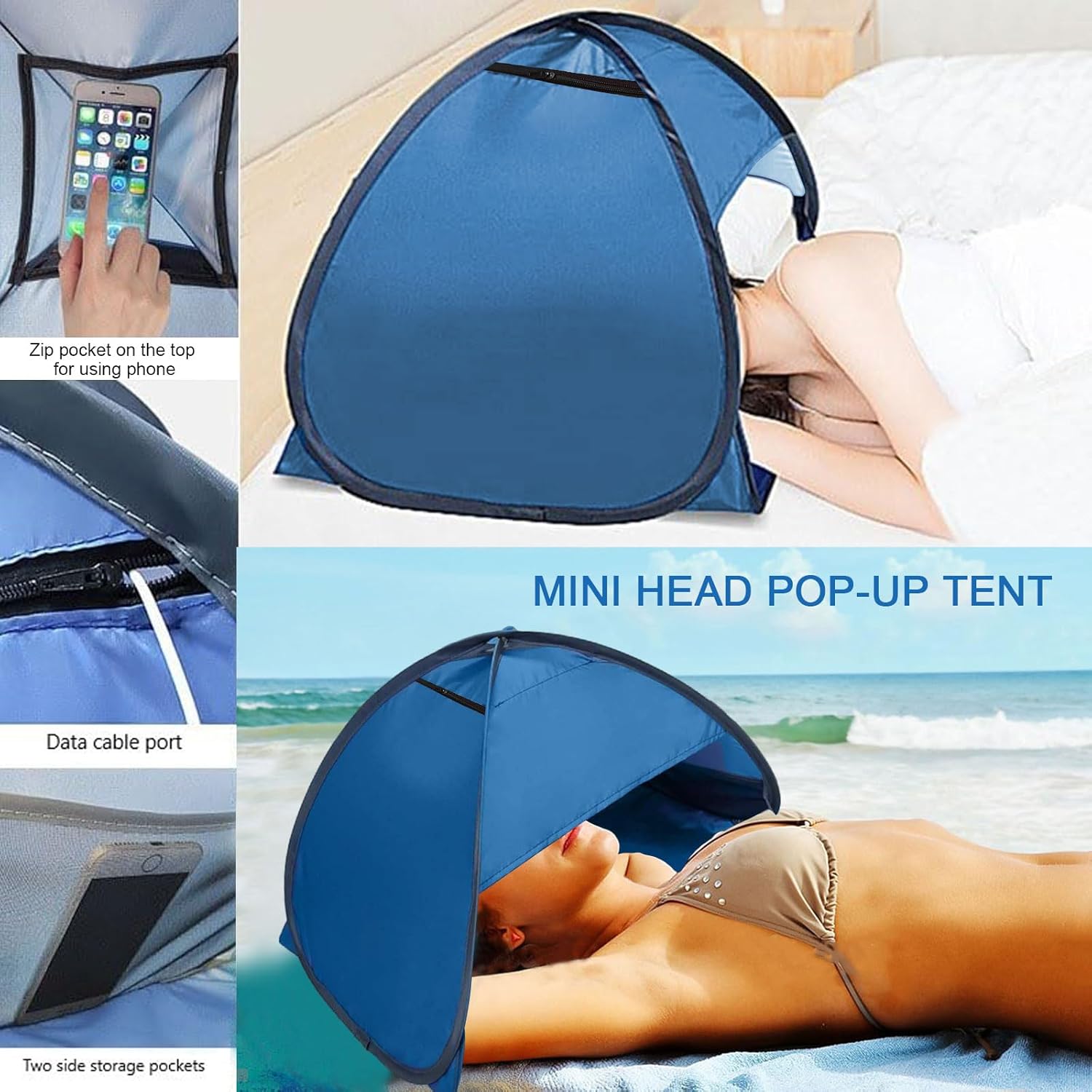 Mini Portable Beach Tent, Dog Beach Tent for Pet Shade, Laptop Sun Shade for Working Outside, Head Pop Up Canopy, Automatic Portable Mini Pop Up Canopy for Camping Hiking Picnic (BIue) - Image 4
