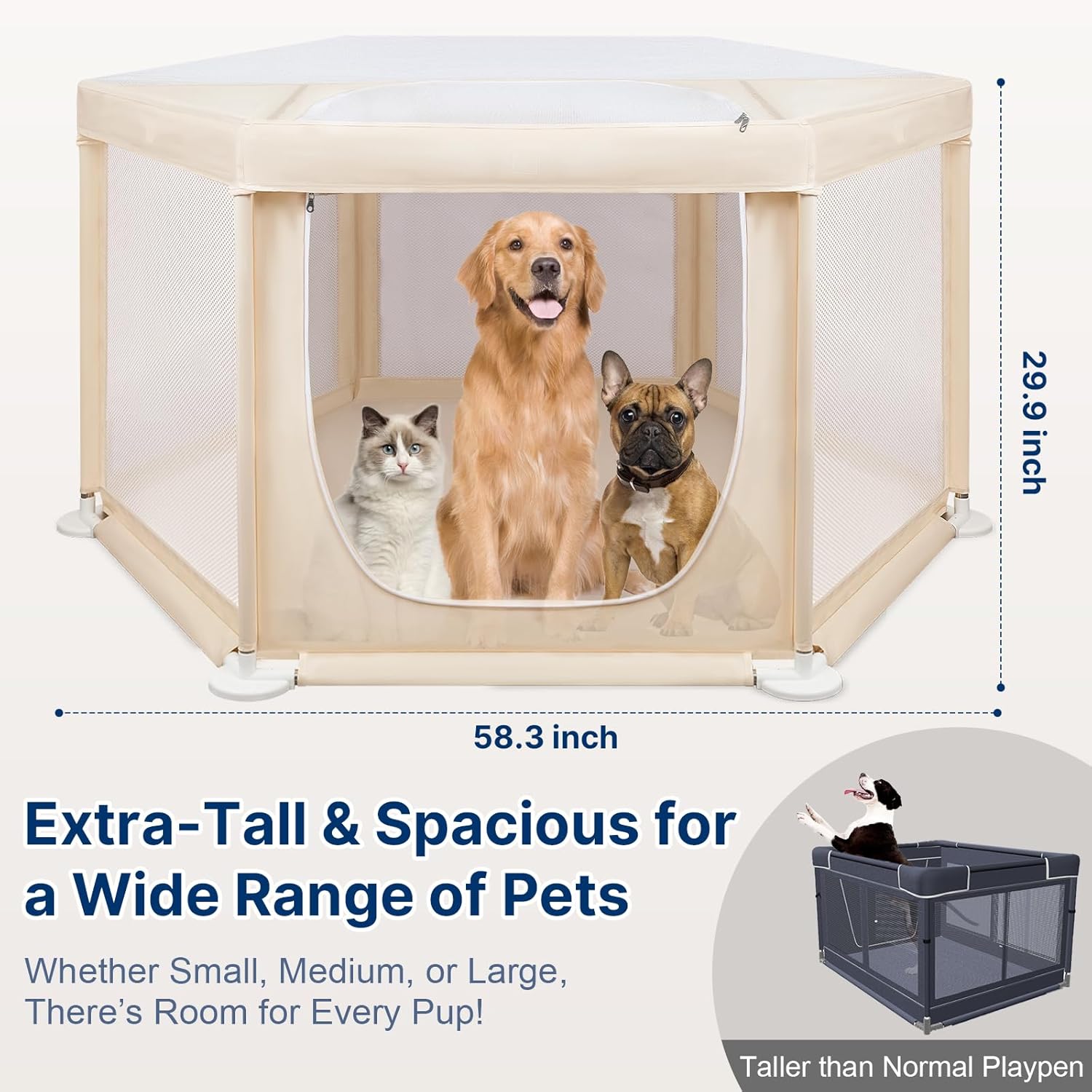 58.3"x58.3"x29.9" Large Dog Playpen Indoor, Extra Tall Puppy Playpen with Removable Roof, Sturdy Fabric Dog Pen for Medium to Large Pets, Spacious Hexagonal Pet Playpen Indoor for Comfort & Security - Image 3
