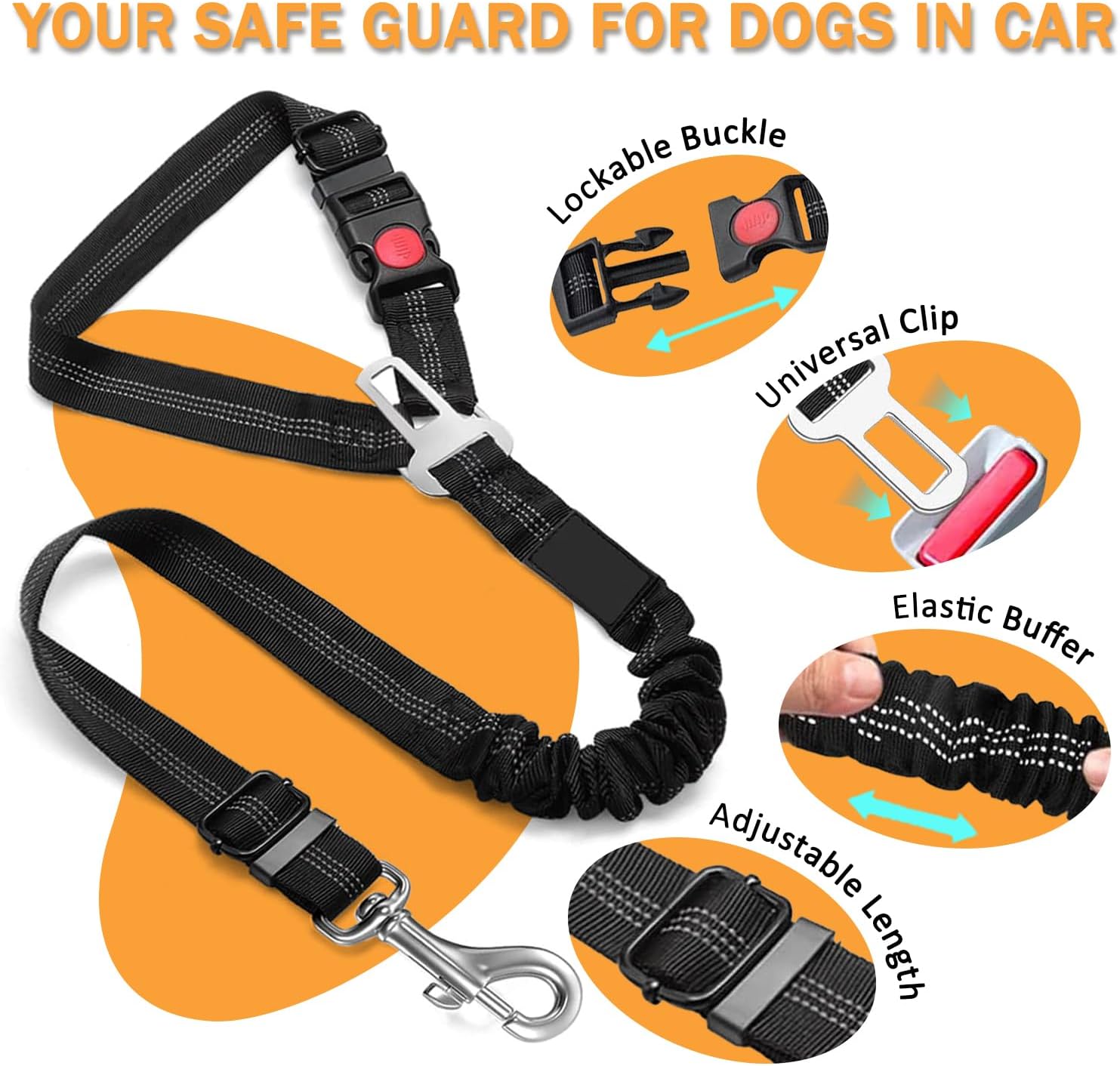 Vehicle Harnesses, 2 in1 Dog Belts for Cars, 2 Pack Pet Harnesses Headrest Restraint Clip Adjustable Dog Car Harness Belt with Anti-Shock Elastic Bungee Buffer for All Vehicles (Black) - Image 4