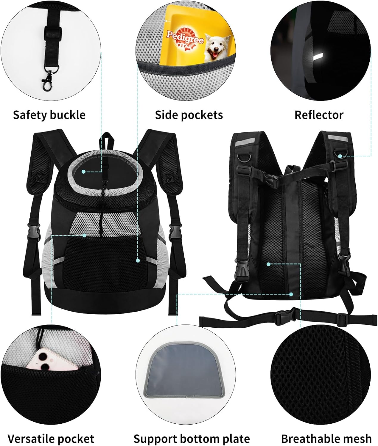 Dog Backpack Carrier, Front Chest Carrier for Cat Small Dogs, Pet Carrying Bag for Travel Hiking Cycling Outdoor Black S (Suggested Pet Height 7-10 in, 2-6 lbs) - Image 6