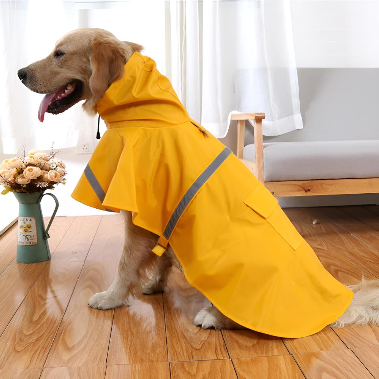 NACOCO Large Dog Raincoat Adjustable Pet Water Proof Clothes Lightweight Rain Jacket Poncho Hoodies with Strip Reflective (XL, Yellow) - Image 2