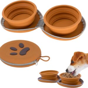 Collapsible Dog Bowls, 2-in-1 Pet Portable Travel Double Bowl Water Food Feeder Traveling Camping & Walking 25oz Brown