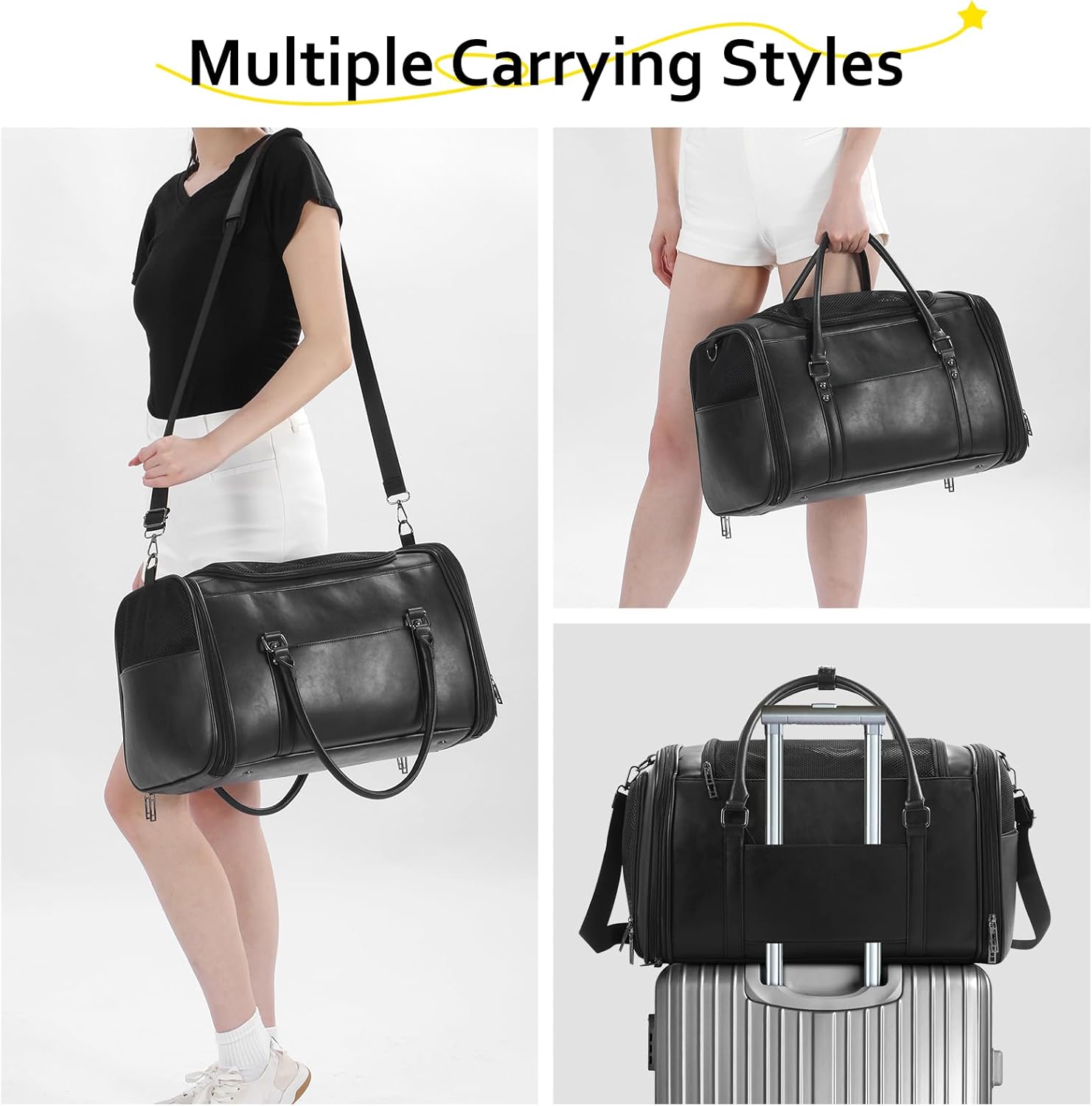 Stylish Leather Pet Carrier for Small Dogs and Cats Up to 15 lbs, Airline Approved Lightweight Travel Tote with Breathable Mesh and Shoulder Strap Black - Image 5