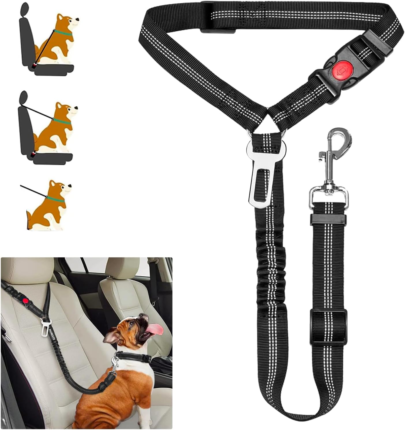 Removable Dog Seat Belt Harness for Car, 3 in 1 Pet Car Seatbelt Leash, Retractable Restraint Secures to Vehicle Headrest & Adjustable Reflective Dog Seatbelt Tether (Black, 1pcs) - Image 3